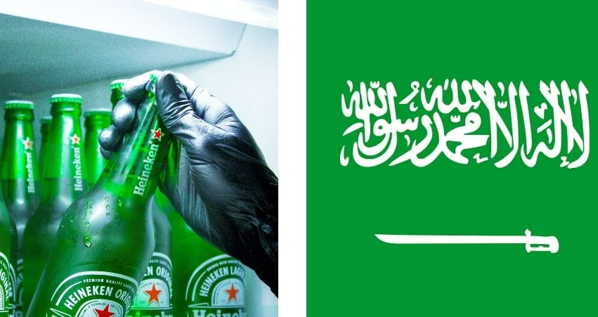 A sinistra una mano che prende una bottiglia di Heineken e a destra una bandiera dell'Arabia Saudita